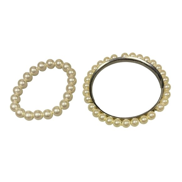 Vintage Faux Pearl Stretch Bracelet and Faux Pearl Silver tone Bangle Bracelet - Picture 1 of 4